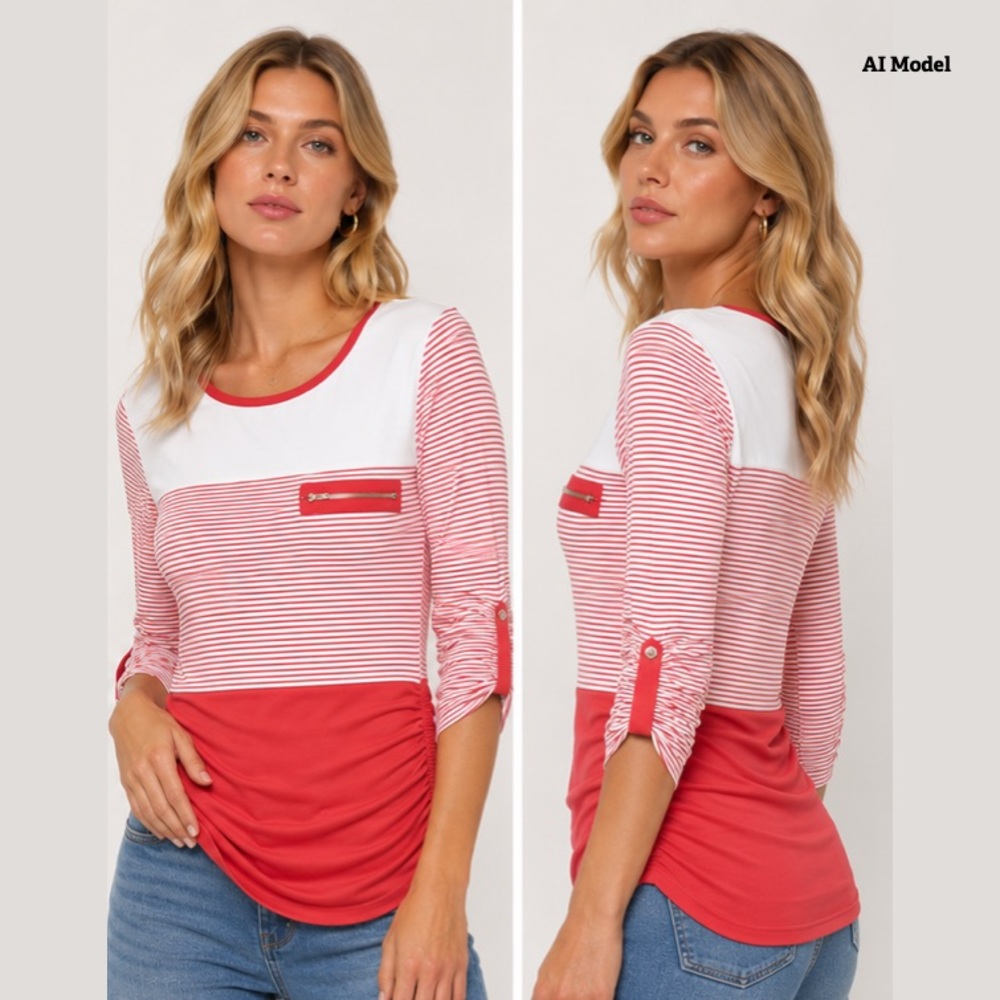 Coral and White Striped Fitted Top by Love Nation